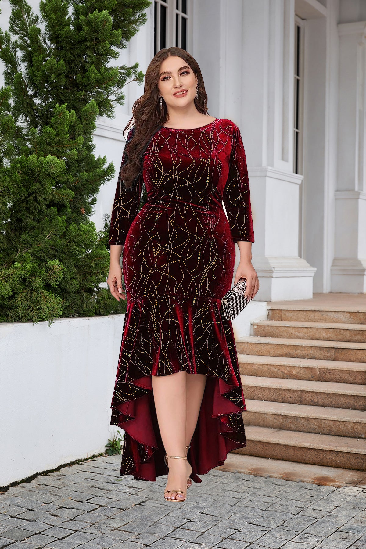 Women's Plus Size Three Quarter Sleeve Mermaid High Low Hem Long Velvet Formal dress 29