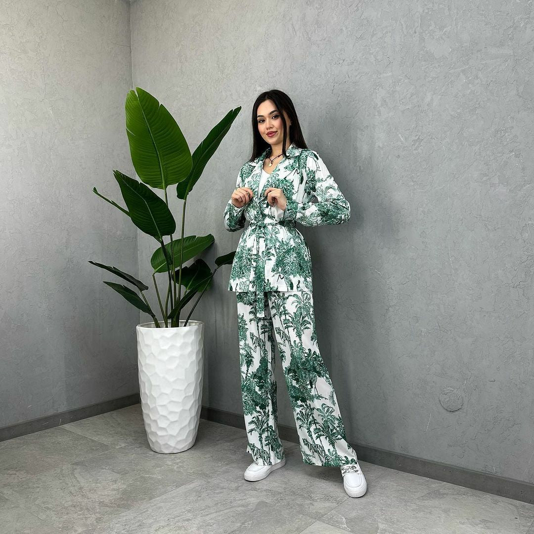 Women printed long-sleeved tie Top and Pant Casual two-piece set 3