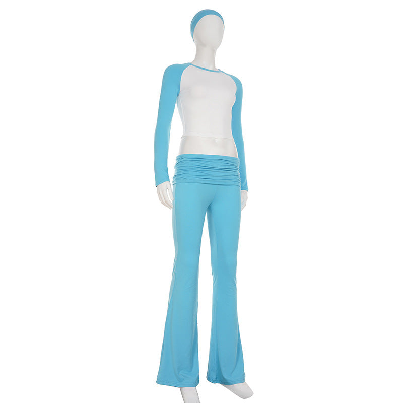 American Casual Sport Color Block Long Sleeve T-Shirt & Fold-Waist Pants Gym Three-Piece Set 7