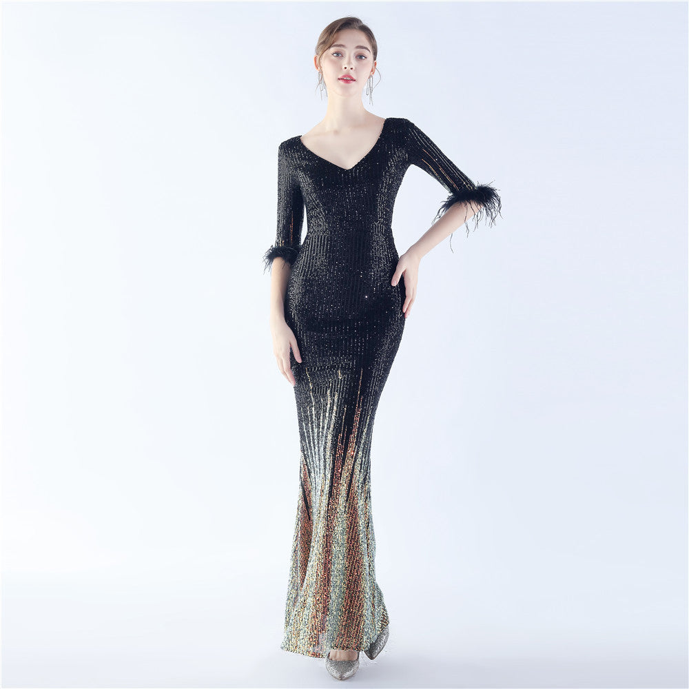 Women ostrich feather gradient sequin half-sleeve evening dress 11