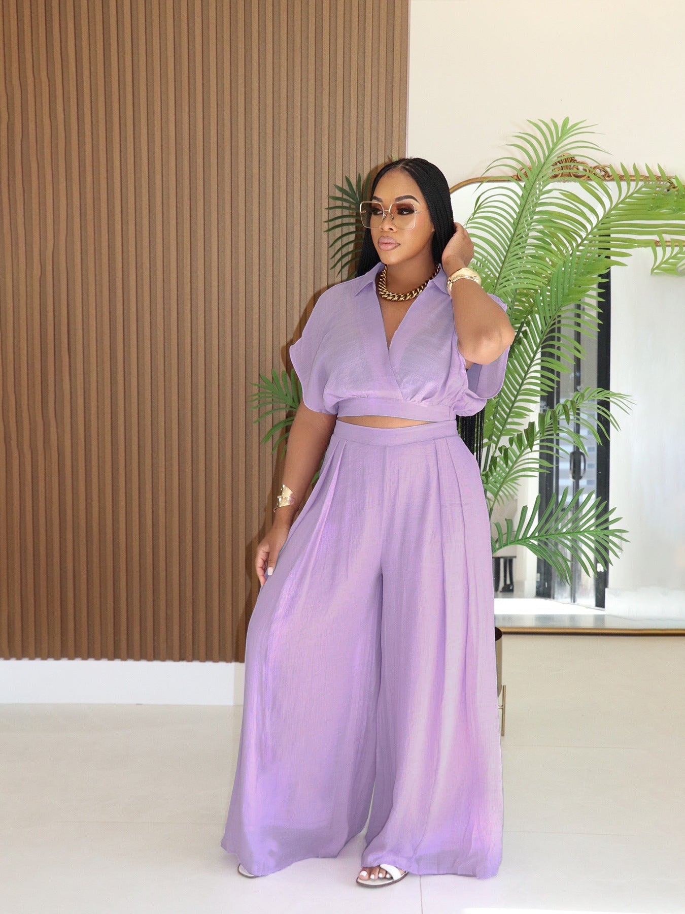 Women Casual Holidays Summer Turndown Collar Short Top & High-Waist Wide-Leg Pants Set 10