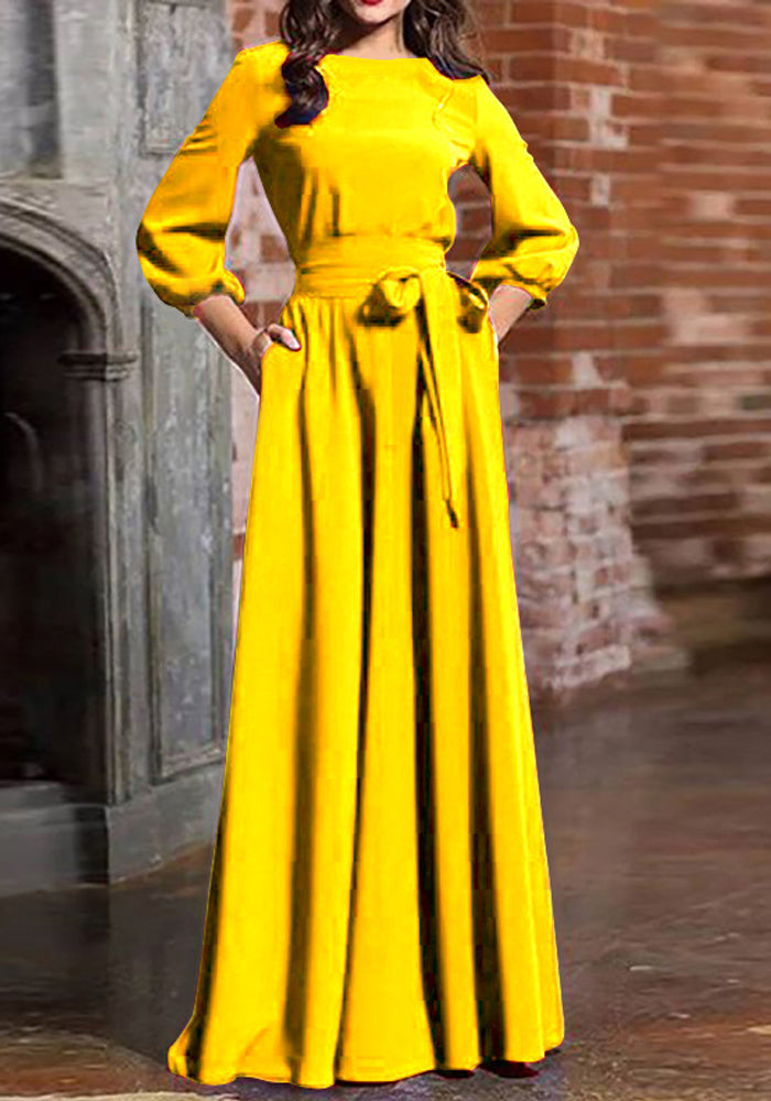 Spring Women'S Round Neck Bohemian Long Solid Dress