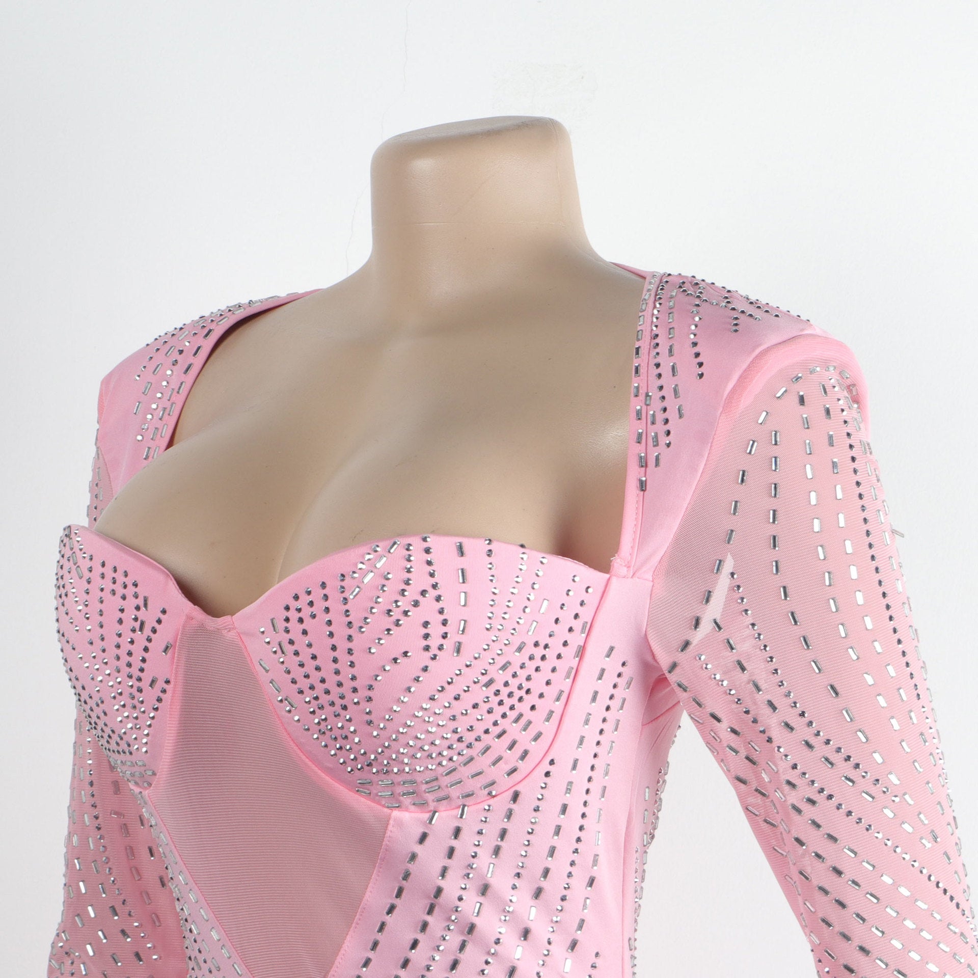 Women Sexy Long Sleeve Beaded Backless Hollow Solid Dress 25