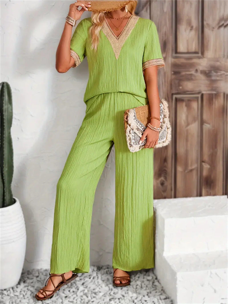 Two-Piece Lace Trim V-Neck Short-Sleeve Top & Wide-Leg Casual Pants Set 7