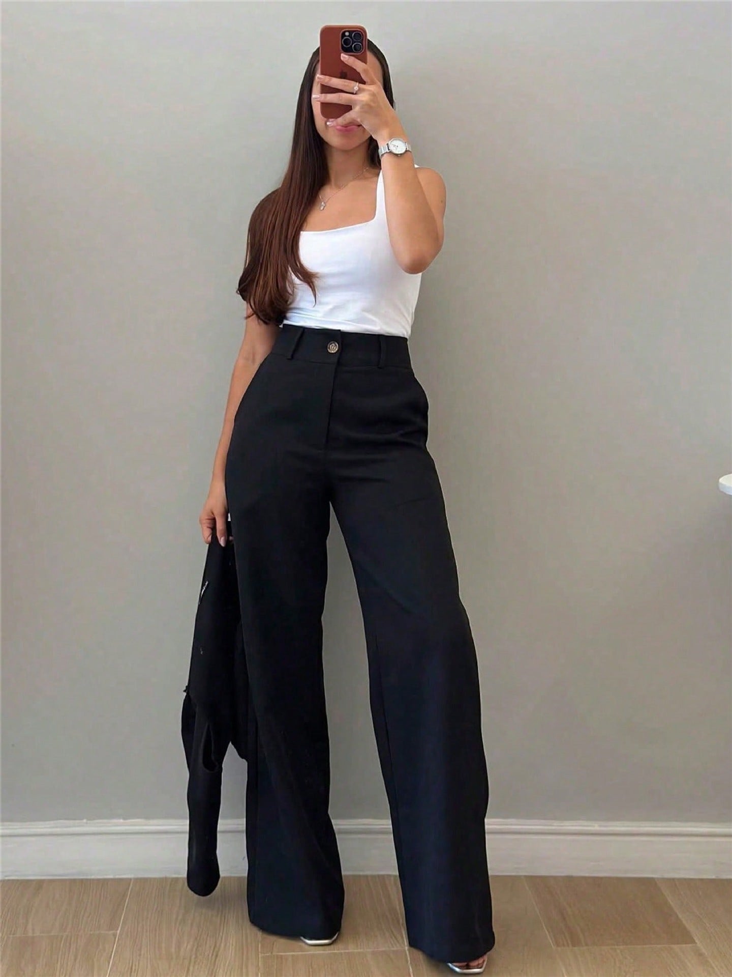 Women's Chic OL V-Neck Black Sleeveless Button Vest High-Waist Wide-Leg Pants Suit 4