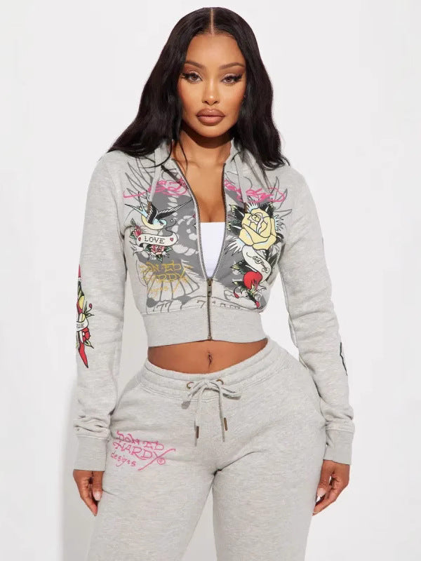 Women street casual print zipper hooded Print Top and Pants two-piece set 6