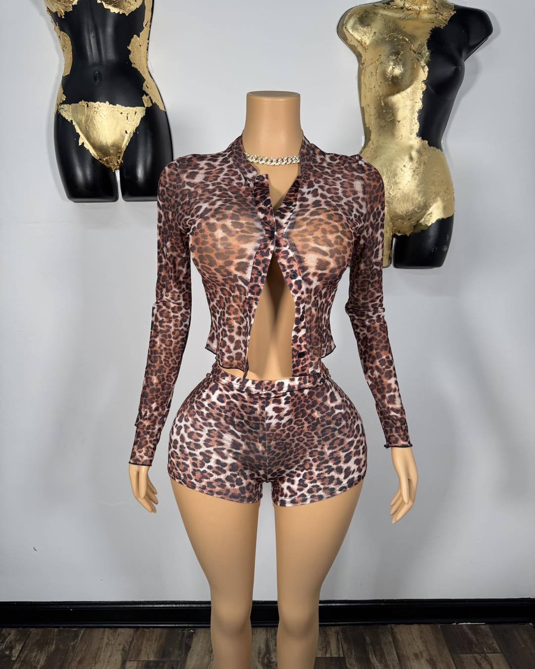 Women Sexy Long Sleeve Leopard Top and Shorts Two Piece Set