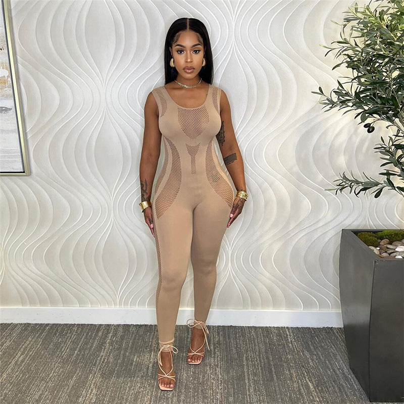 Autumn Women's Sexy Hollow Knitting Crochet Sleeveless High Waist Tight Fitting Jumpsuit 5