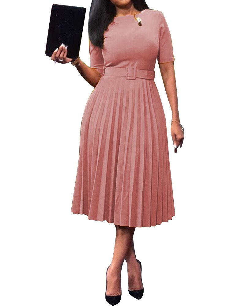 Plus Size Women Summer Short Sleeve High Waist Pleated Dress