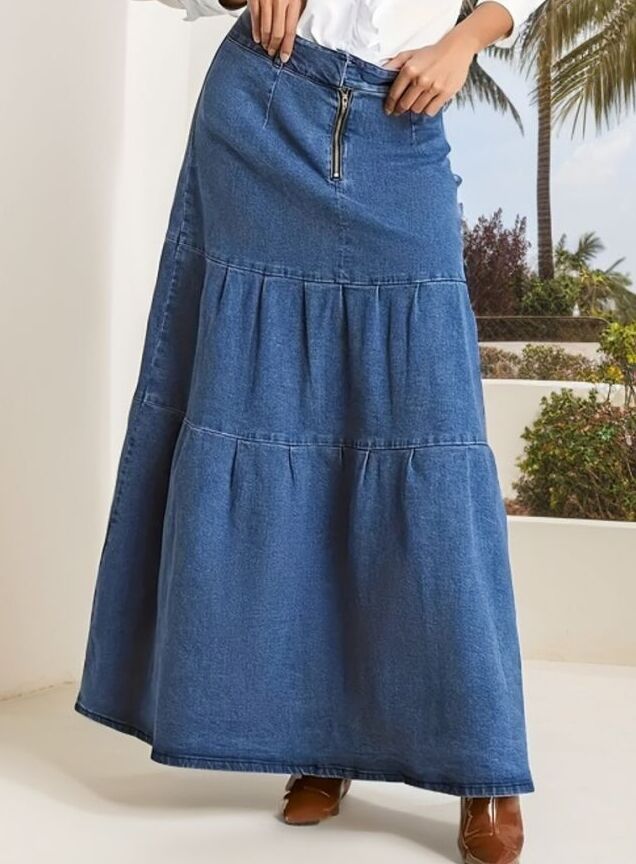 Women Spring and Summer Vintage Pastoral Casual Cake Denim Maxi Dress 4