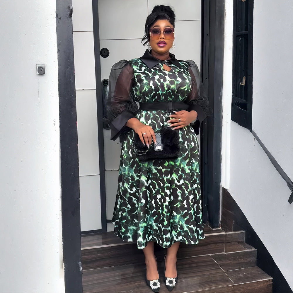 Plus Size African Women Three-quarter Sleeve Black Feather Turndown Collar Print Dress 5