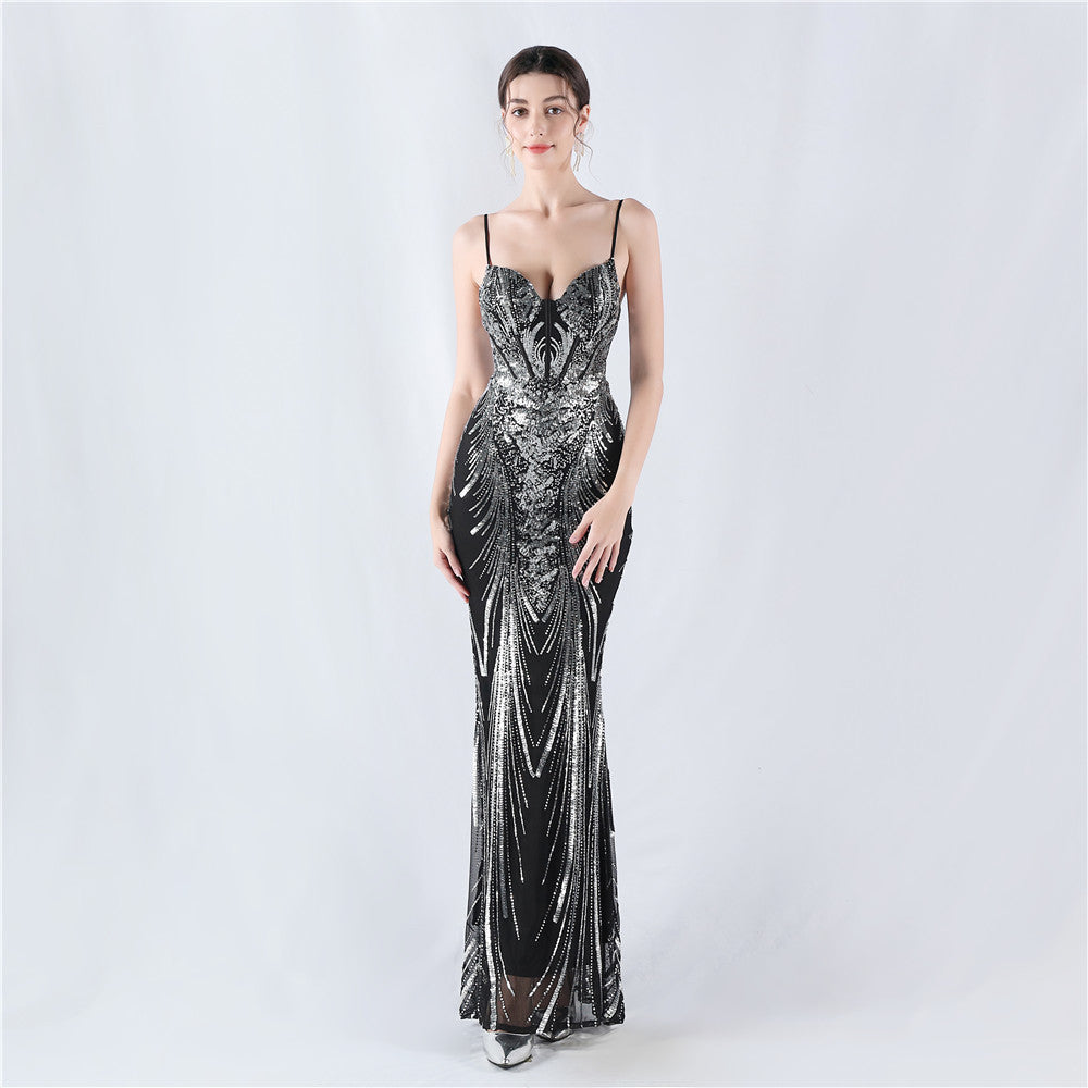 Women Fishbone Sequin Positioning Flower Evening Dress 11
