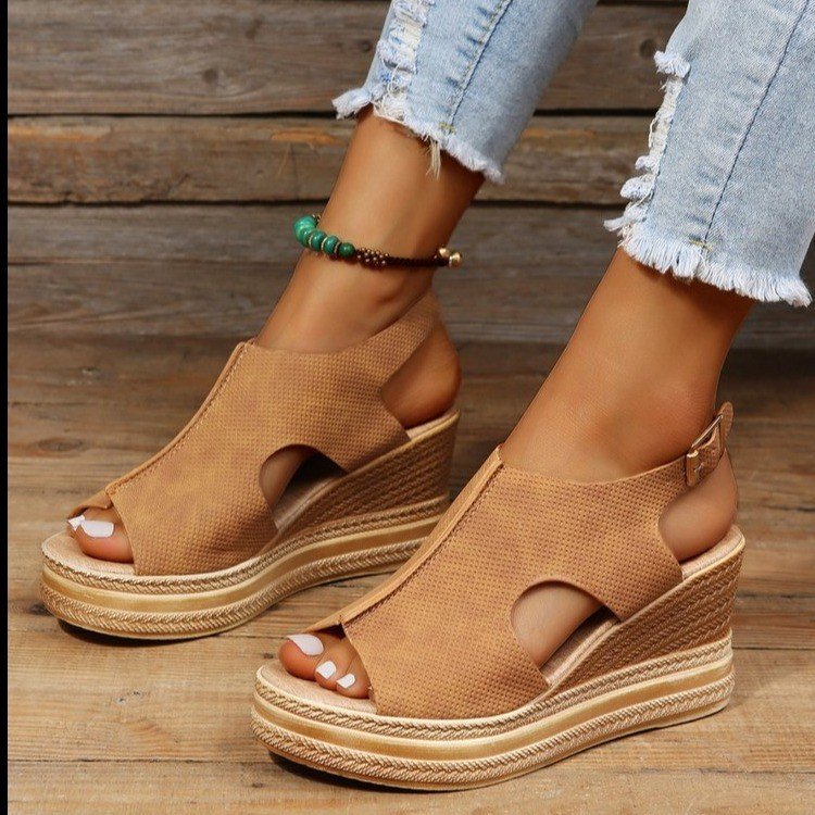 Women Summer Peep-Toe Wedge Open Toe Buckle Strap Roman High Heel Sandals 8
