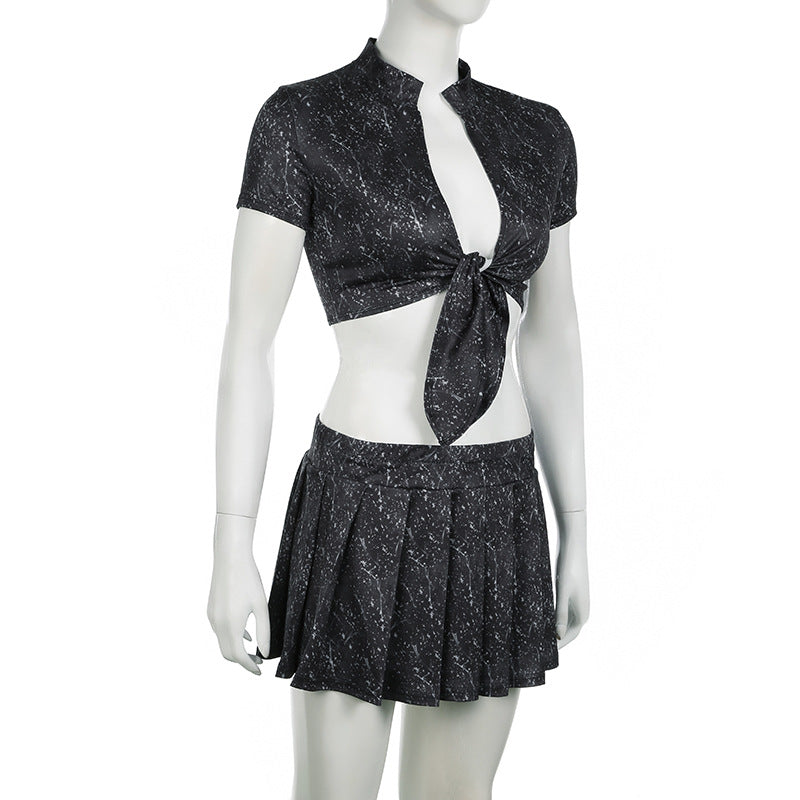 Sexy Women's Tie-Dye Print Short-Sleeved Lace-Up Crop Top Pleated A-Line Skirt Casual Two-Piece Set 8