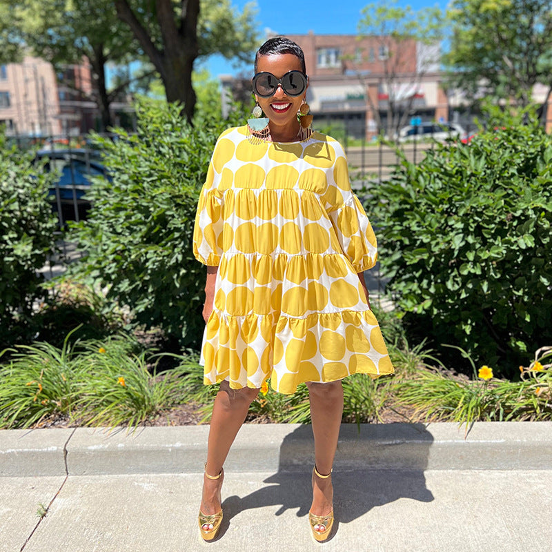 Summer Women Large Polka Dot Loose Round Neck Half-Sleeve Pleated Dress 3