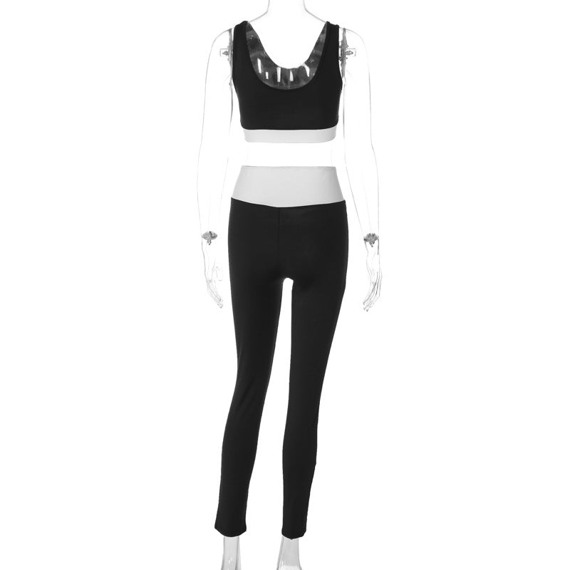 Women's Summer Fashion Solid Color Sleeveless Yoga Sports Tank Top Leggings Two Piece Set 7