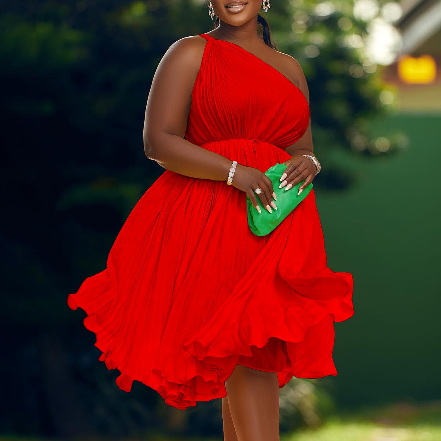 Plus Size African Women Summer Pleated Slash Shoulder Lace-Up Solid Dress 6