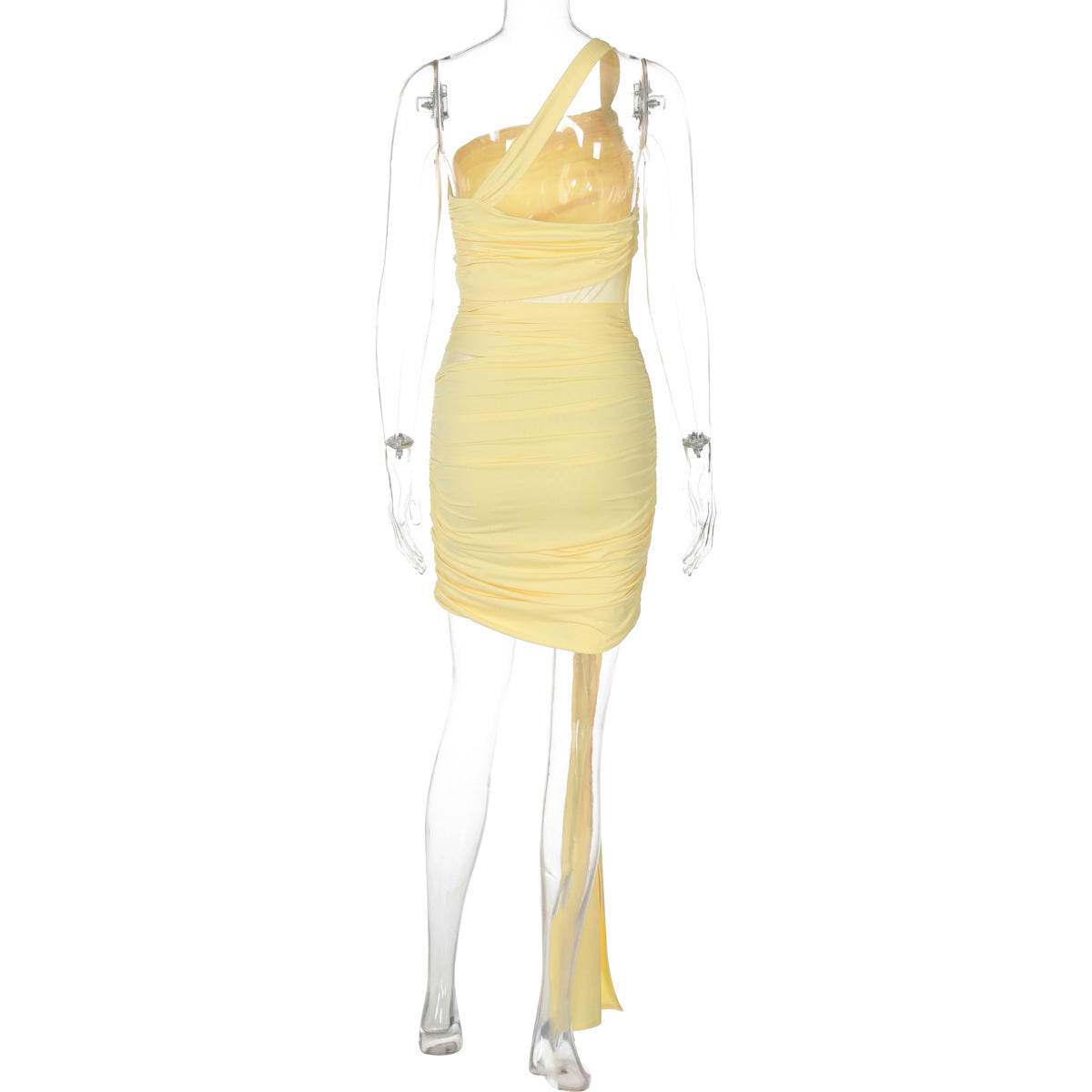 Women Summer Sexy Mesh Patchwork See-Through Pleated One-Shoulder Bodycon Dress 8