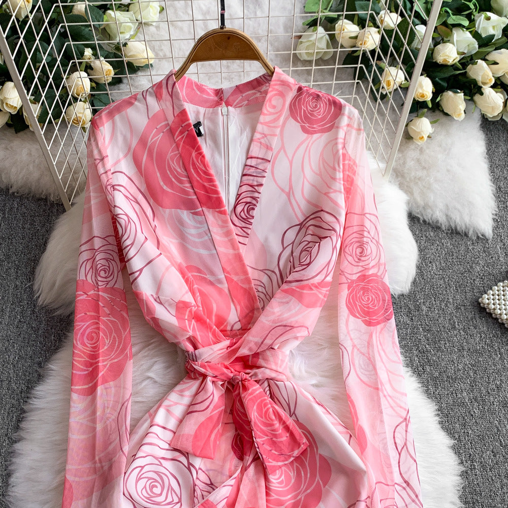 Women French Style Long-Sleeved V-Neck Lace-Up Maxi Print Bodycon Dress 30