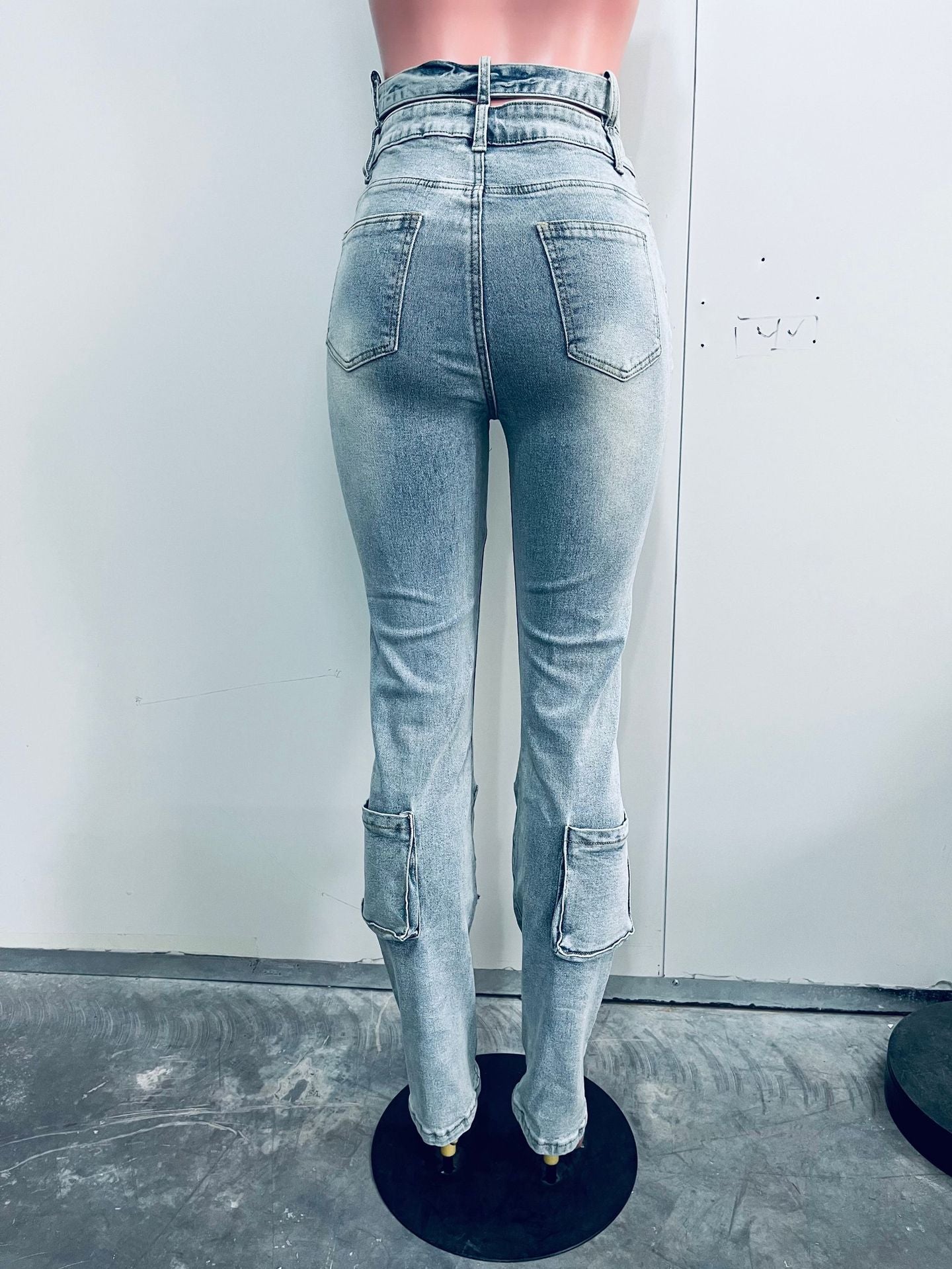 Women Fashion Double Waist Cargo Denim Trousers 9