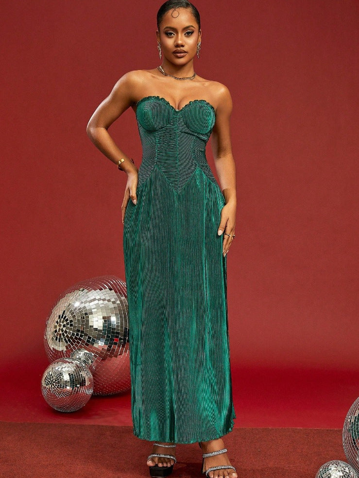 Women sexy pleated Strapless pleated suspender Maxi Dress 6