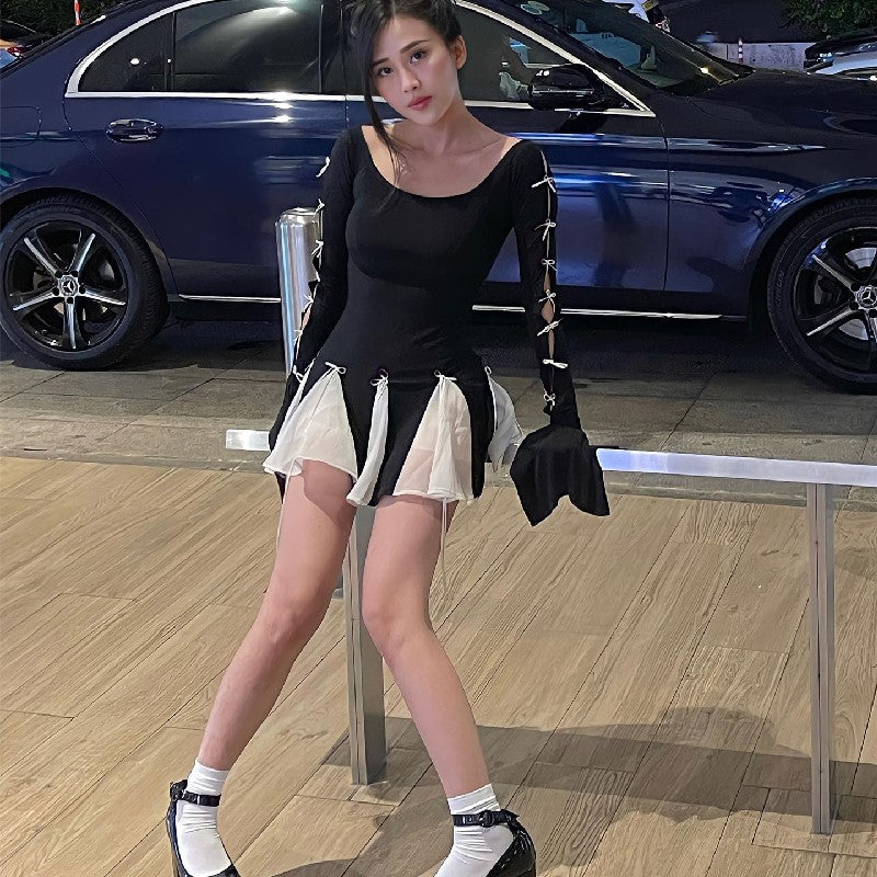 Spring Bow Lace-Up Bell Bottom Long Sleeve Dress 4