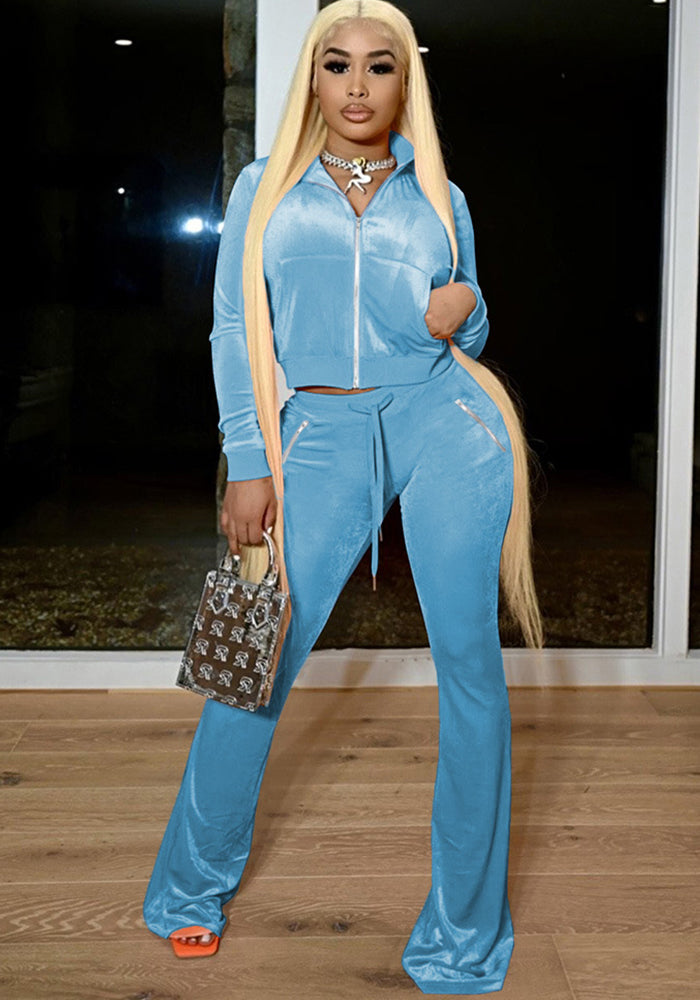 Women's Velvet Solid Color Sexy Zipper Pocket Two-Piece Tracksuit