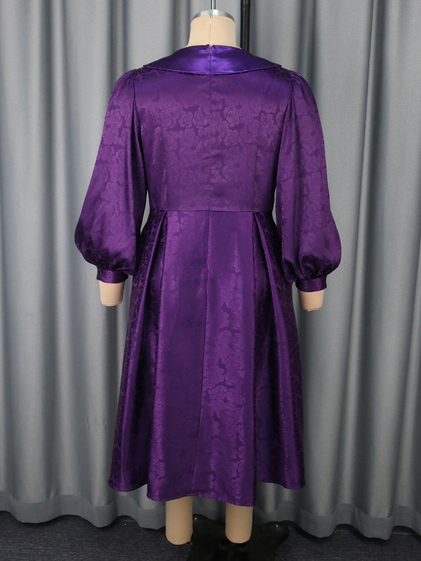 Plus-Size Women Turndown Collar Jacquard Lantern Long-Sleeved Autumn Dress 6