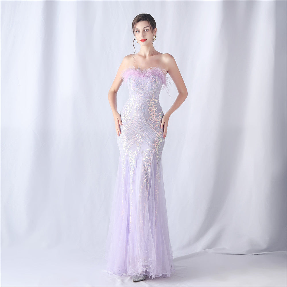 feather sequins mesh patchwork Strapless wedding party dress