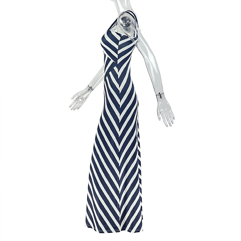 Women printed black and white striped halter v-neck cutout maxi dress 7