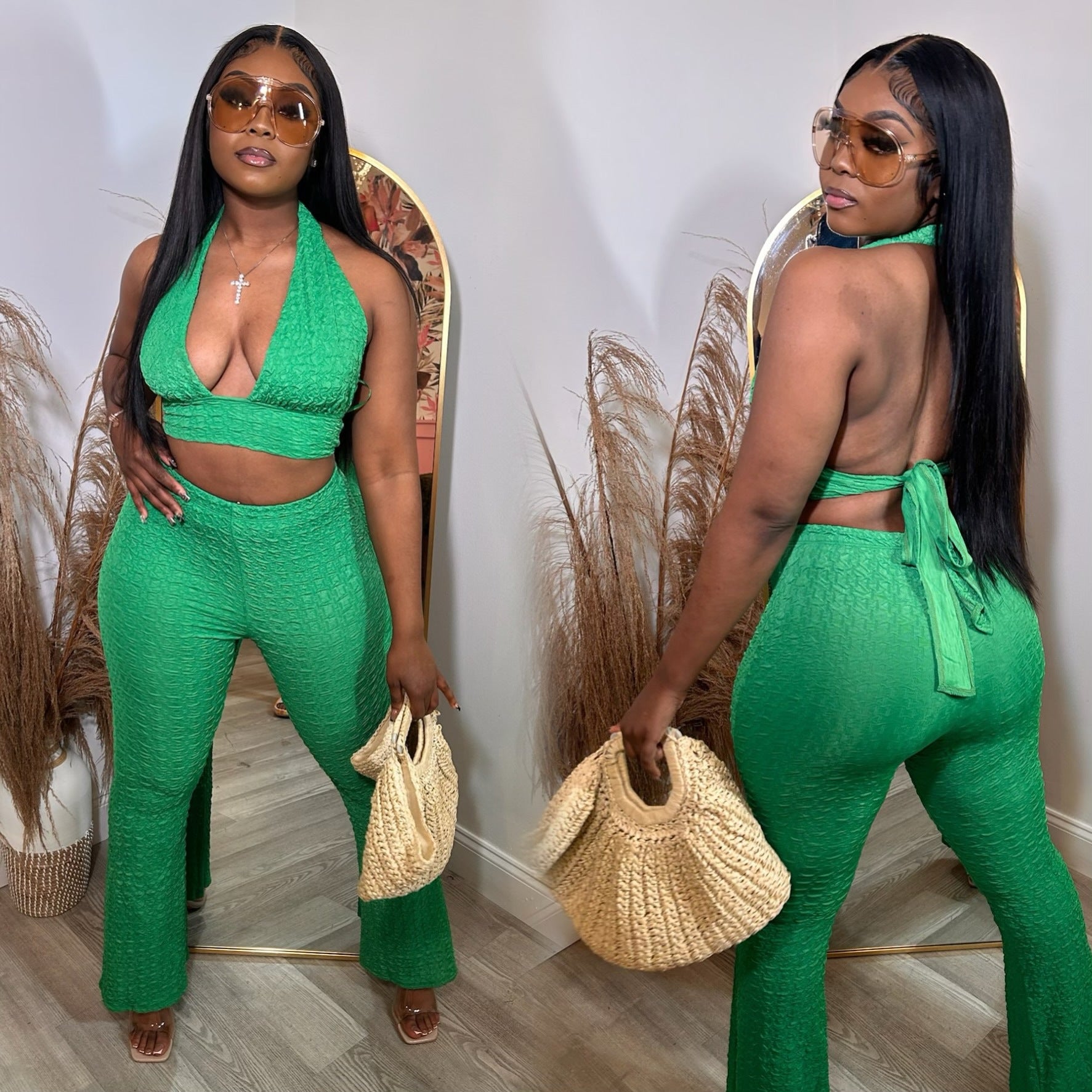 Women Sleeveless Halter Neck Sexy Backless Top and Bell Bottom Pant Two-piece Set