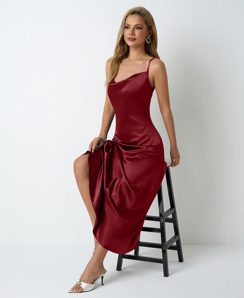 Women Pleated Sleeveless Satin Dress 38