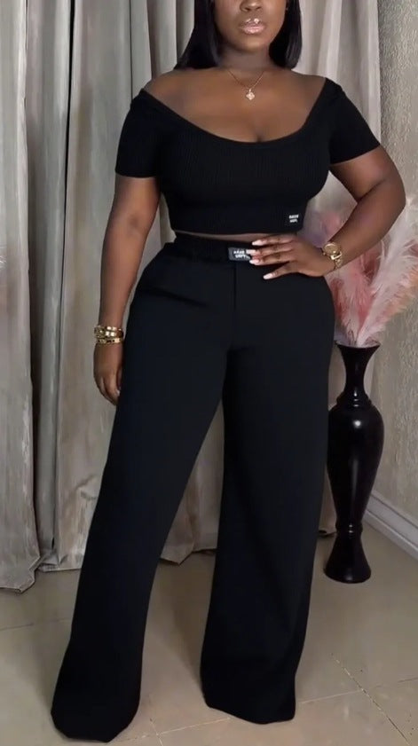 Summer Women's Solid Color Round Neck Short Sleeve Top Casual Pants Set 6