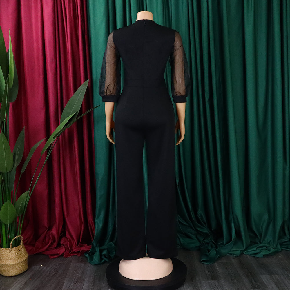 Women'S Summer Short Sleeve Puff Sleeve Beaded Sexy Wide Leg Slim Waist Plus Size Jumpsuit 22