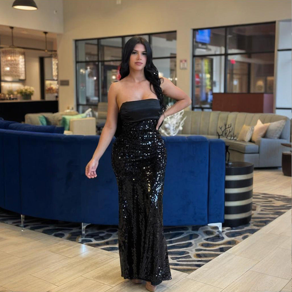 Women Sexy Strapless Satin Patchwork Sequin Fishtail Dress 6