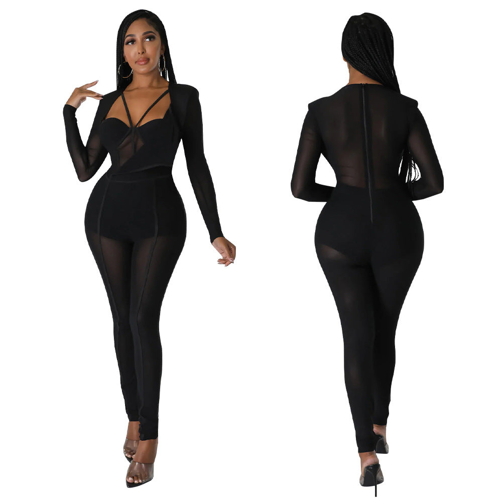 Women Sexy See-Through V-Neck Jumpsuit 11