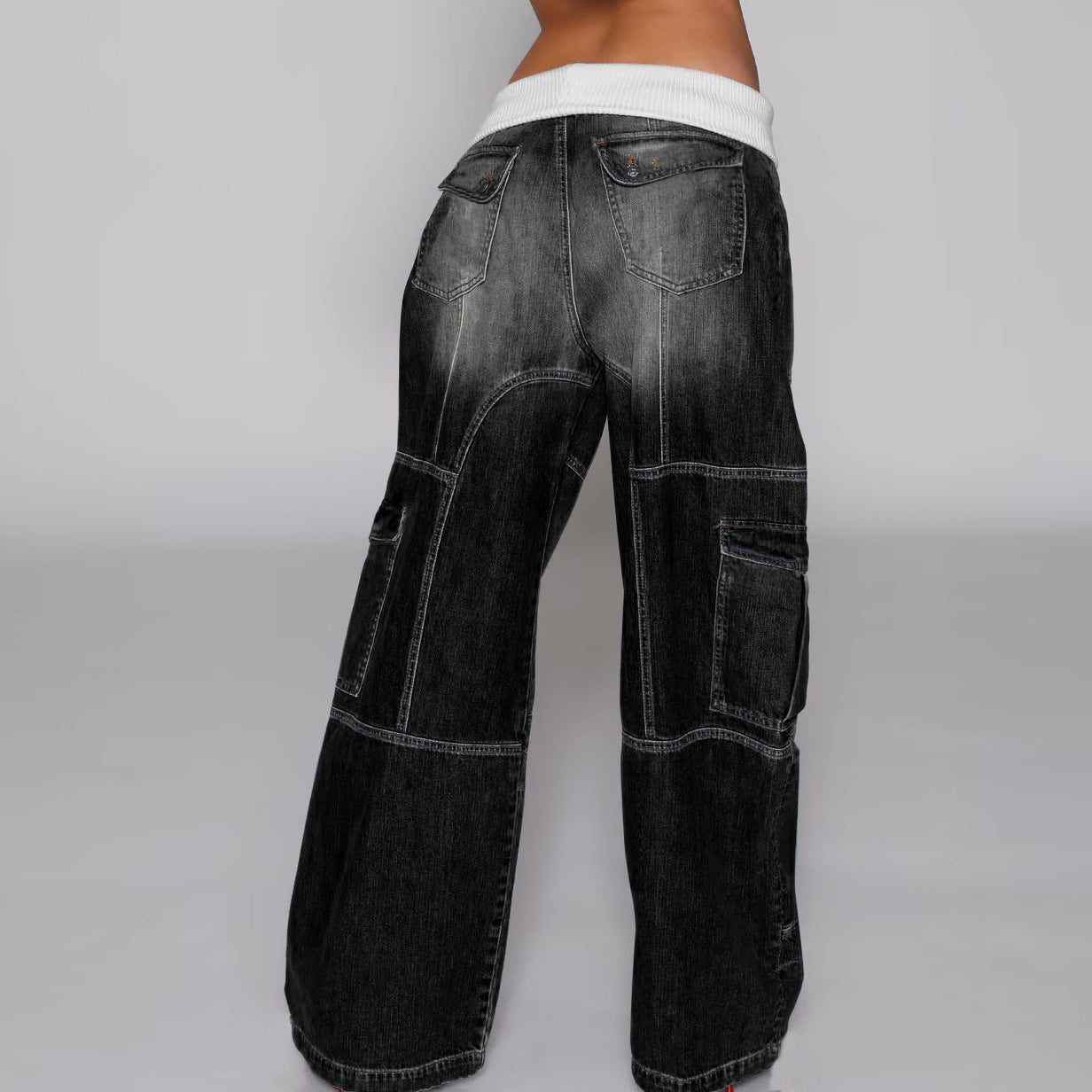 Women's Fashion Patchwork Ribbed Stretch Waist Loose Straight Leg Washed Street Denim Pants 6