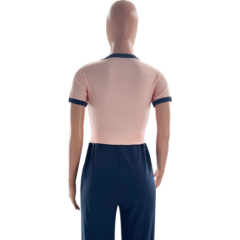 Women's Summer Color-Blocked Round Neck Short Sleeve Casual Pants Set 18