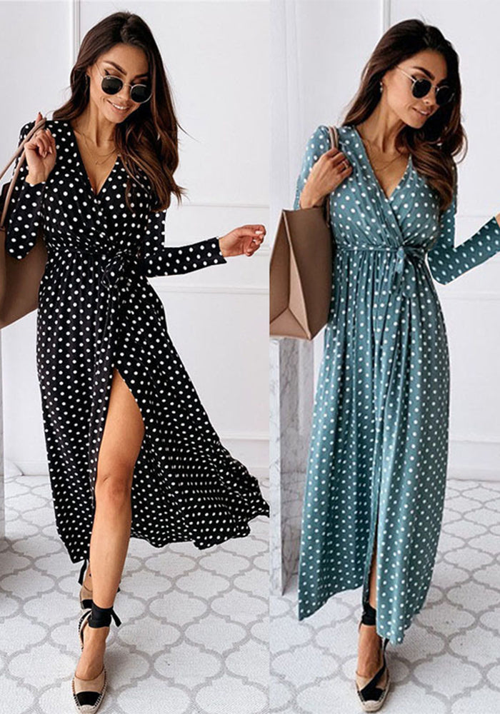 Spring Long Sleeve V-Neck Bohemian Polka Dot Print Long Dress