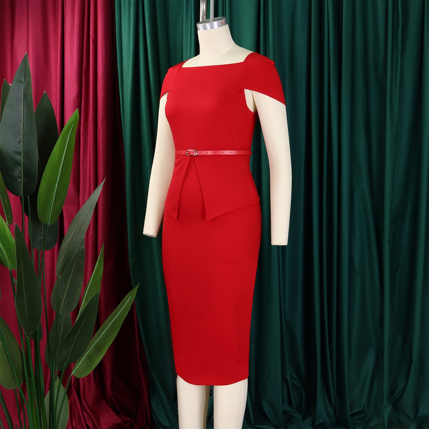 African Women's Solid Color High-Waist Ruffle Short-Sleeve Square-Neck Bodycon Pencil Dress 12