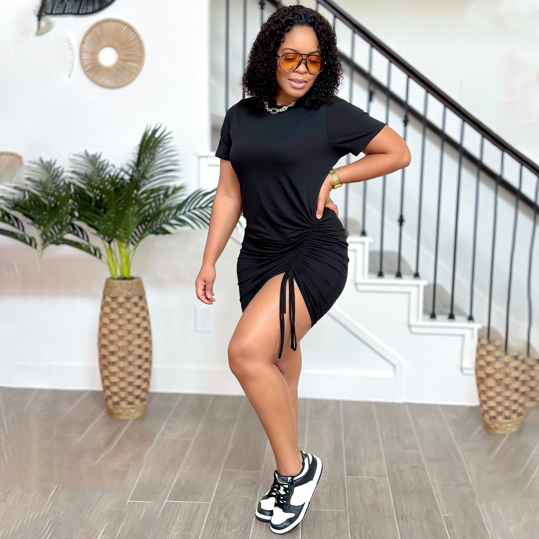 Round Neck Short-Sleeved Fashionable Drawstring Slim Casual Dress For Women 3