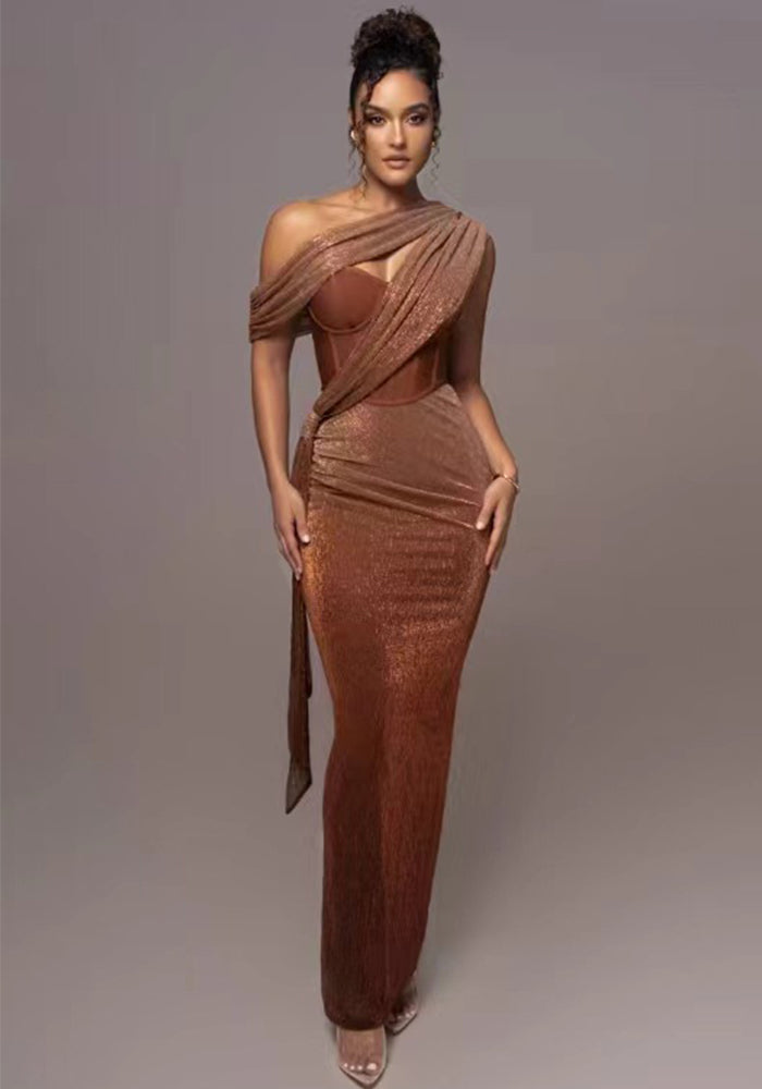 Women Solid Slit peach neck sexy suspender dress