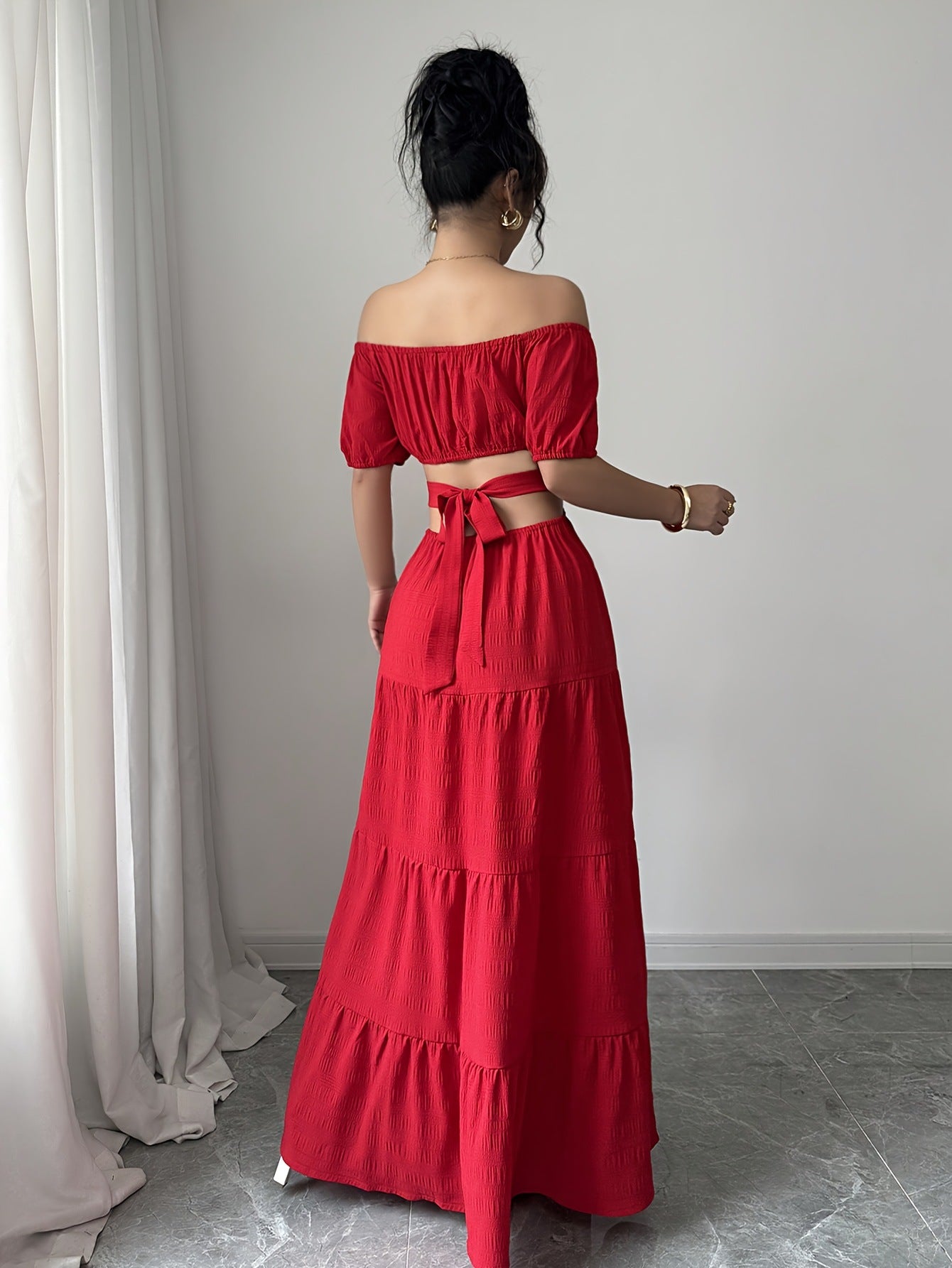 Women Off Shoulder French sexy Holidays Open Waist waist red dress 3