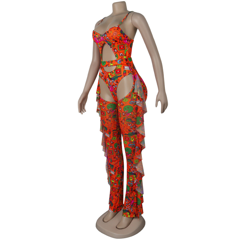 Sexy Women's Solid Color Printed One Piece Swimsuit Mesh Pants Two-Piece Set 26