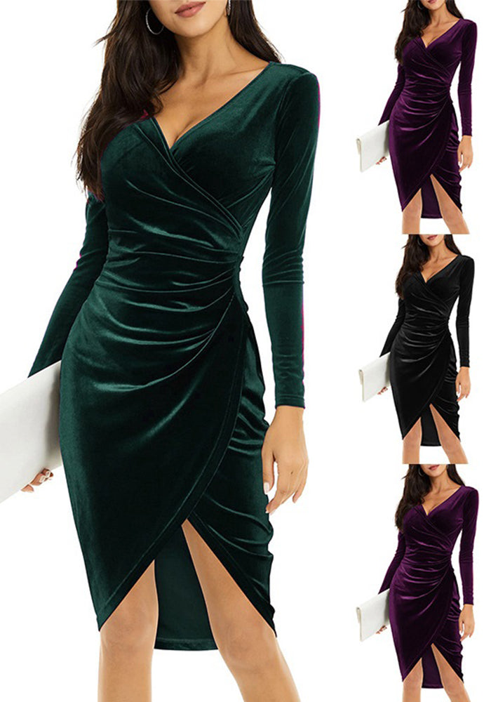 Women Sexy Long Dress V-Neck Bodycon Irregular Midi Cocktail Dress