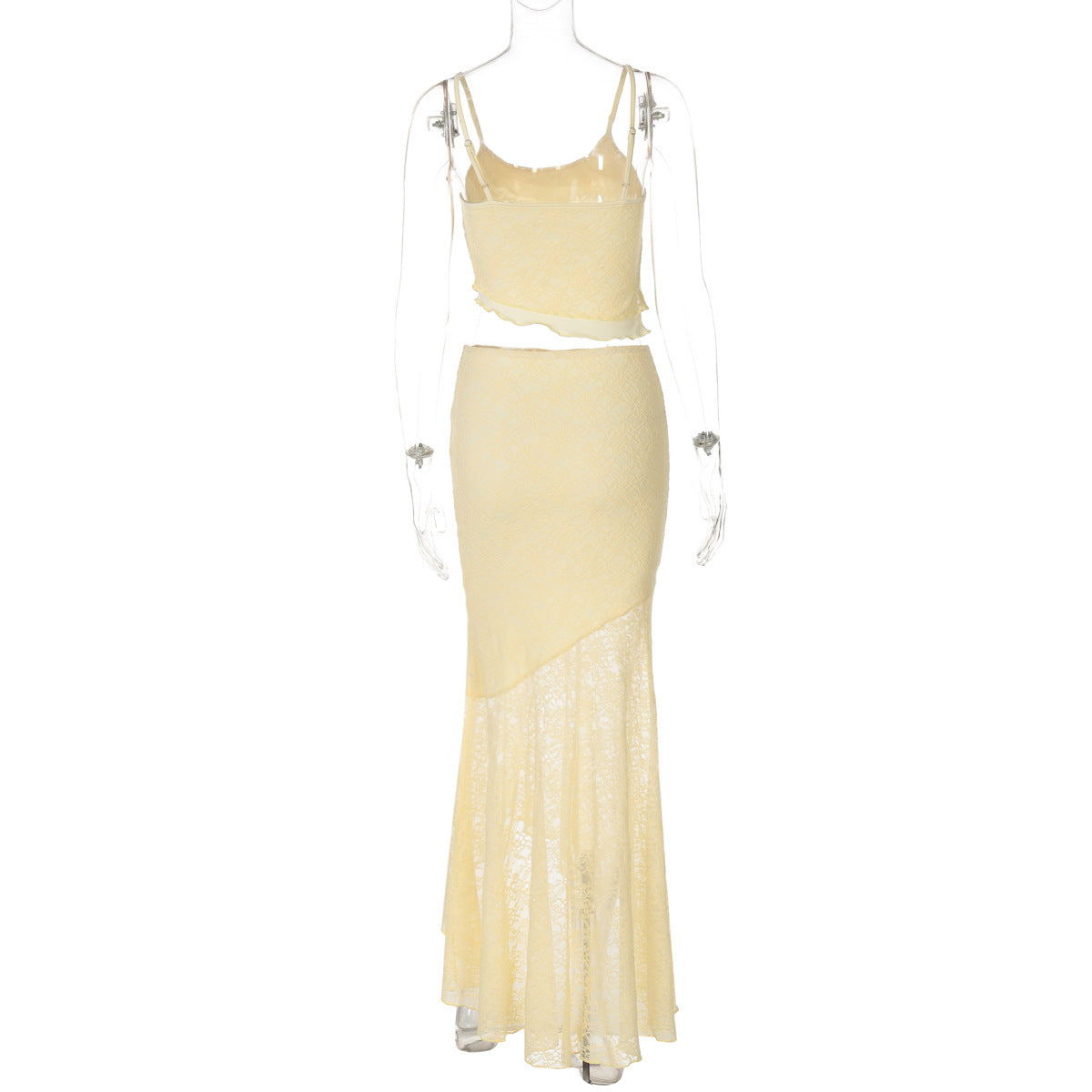 Women Summer Lace See-Through Ruffle Edge Crop Top and Skirt Two Piece Set 8