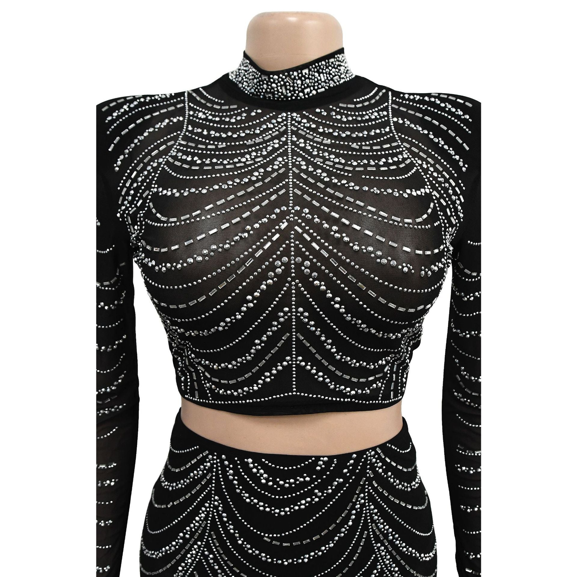 Women's Fashion Solid Color Mesh Beaded Long Sleeve Crop Top Long Skirt Two-Piece Set 15