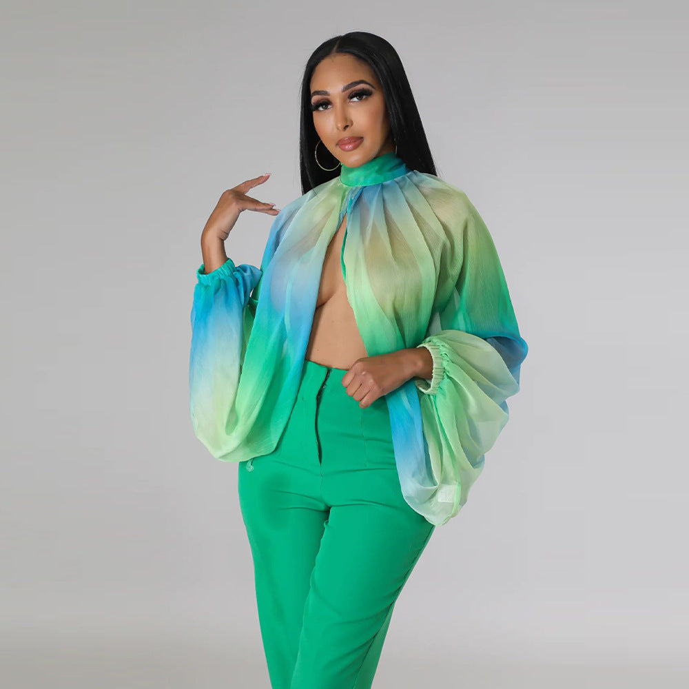 Women's Summer Lace-Up Printed Chiffon Shirt Bat Sleeves Top