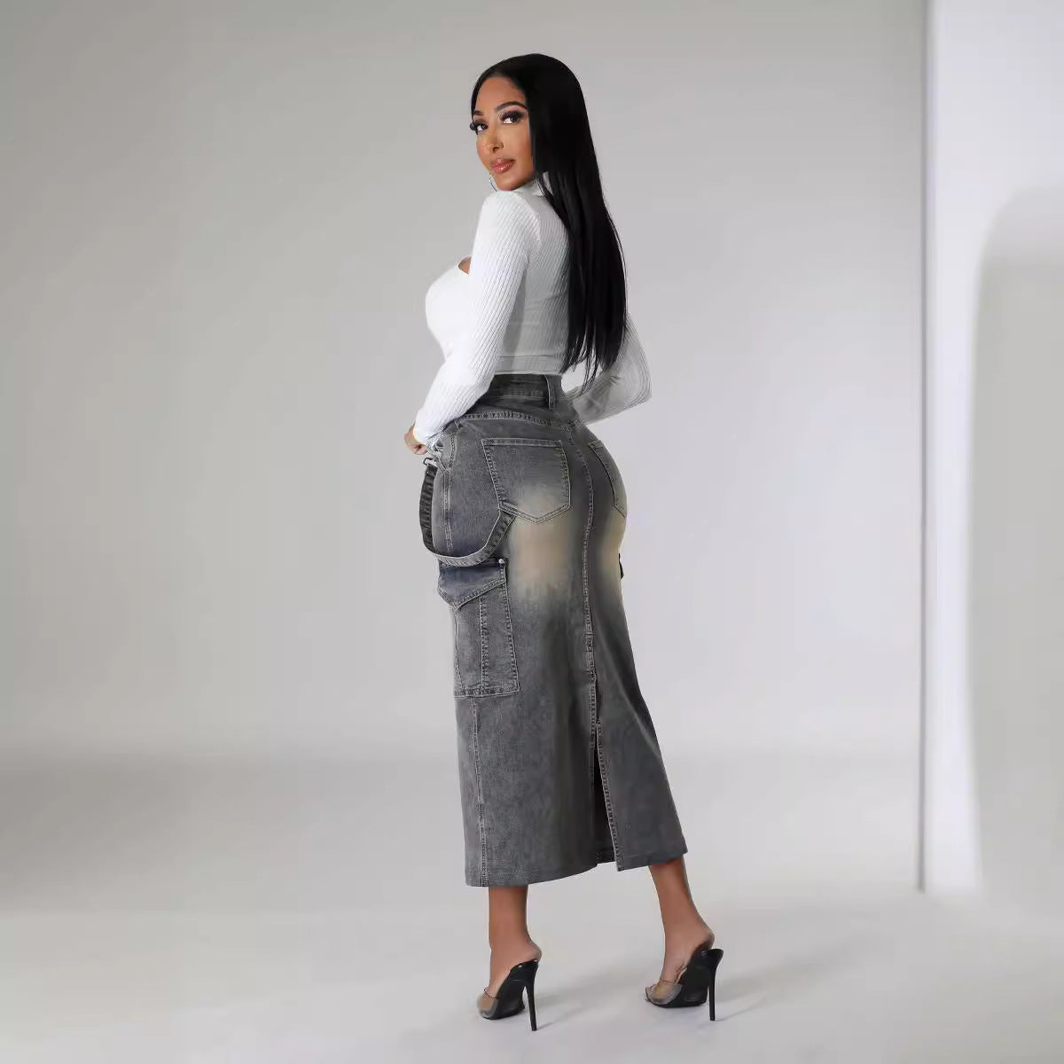 Pocket Stretch Denim Long Skirt 5