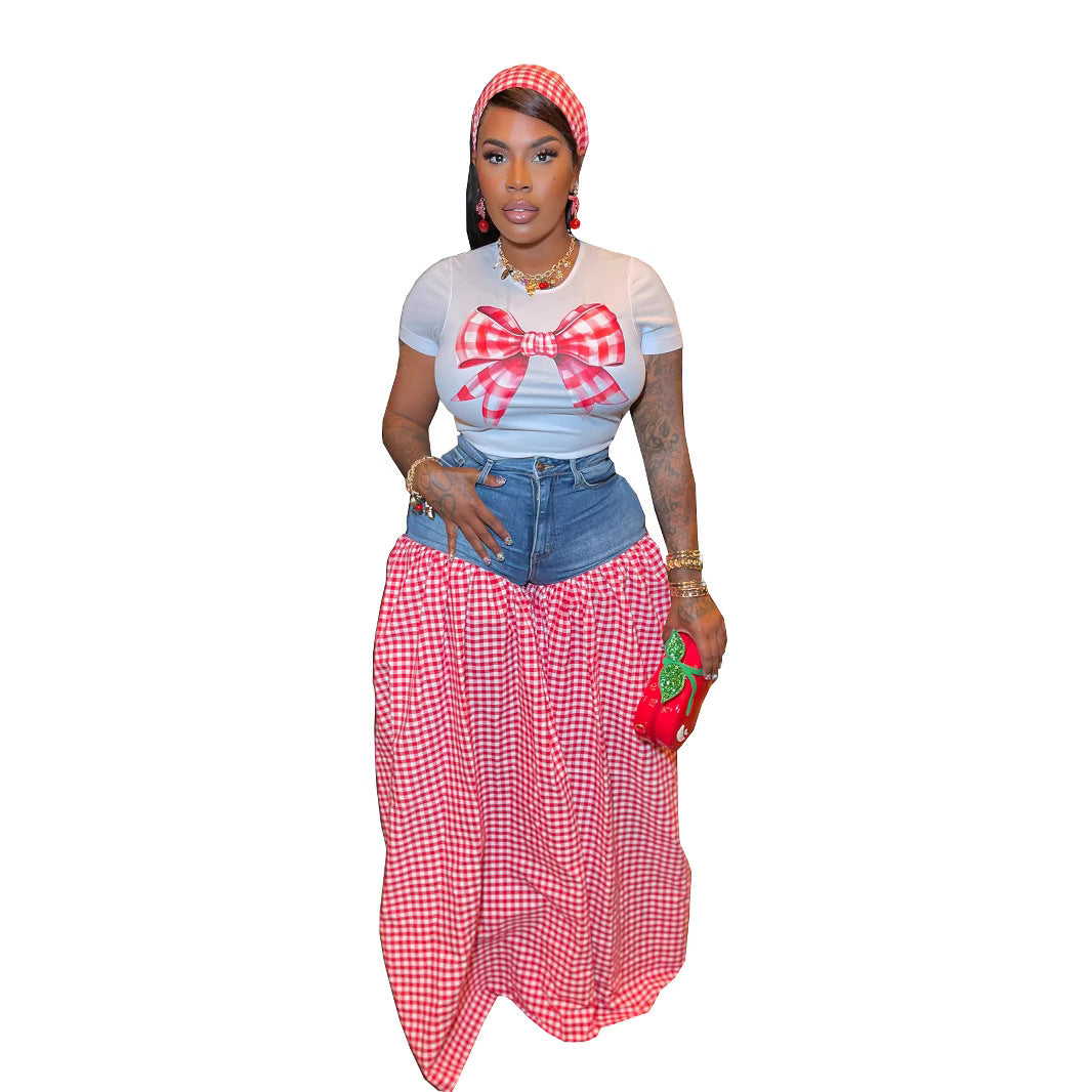 Women Patchwork Plaid Print T-shirt Casual Wide Leg Pants Two-piece Set 9
